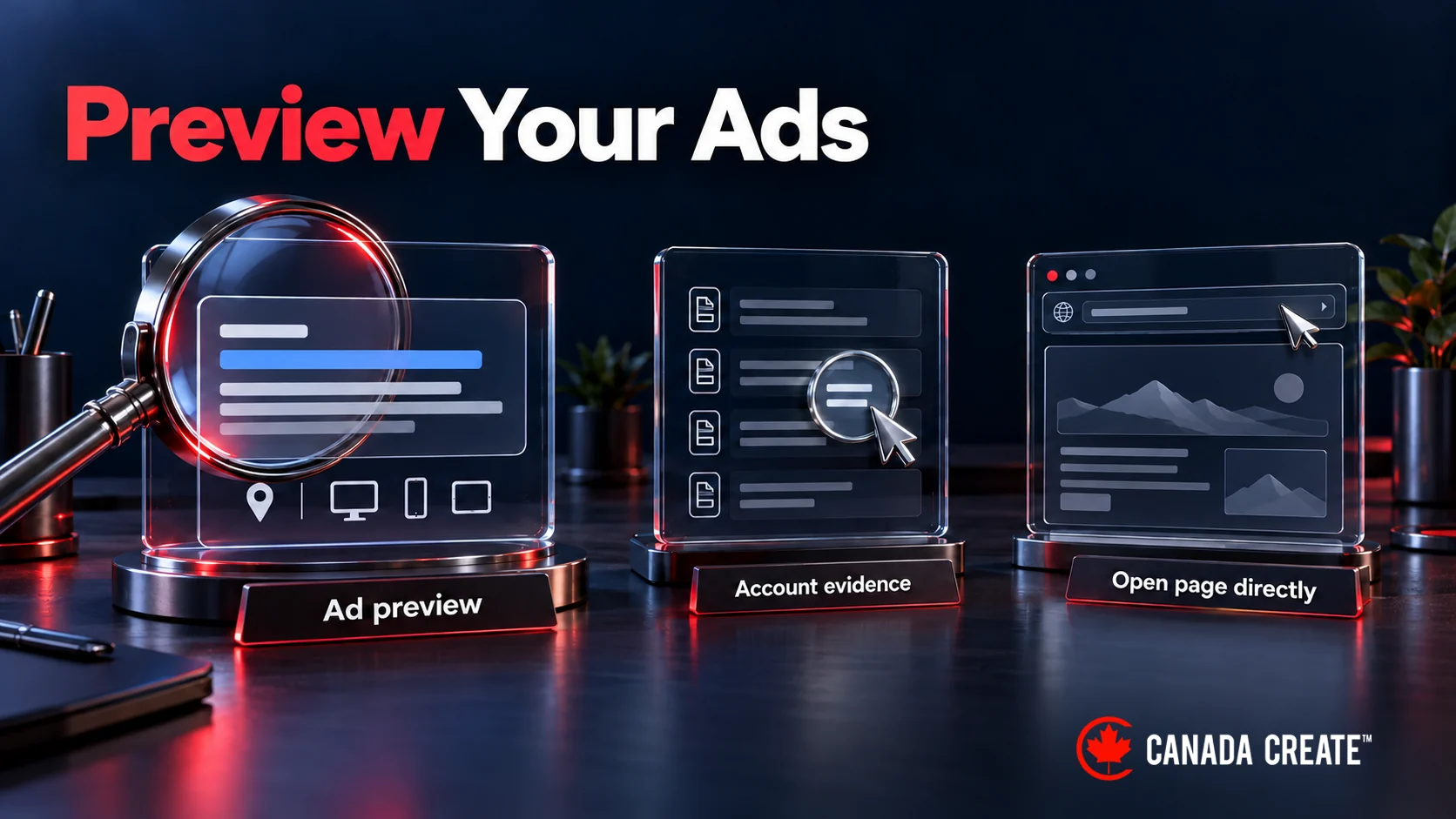 Ad appearance is checked in a preview, campaign questions use account evidence, and the destination page is opened directly for testing.