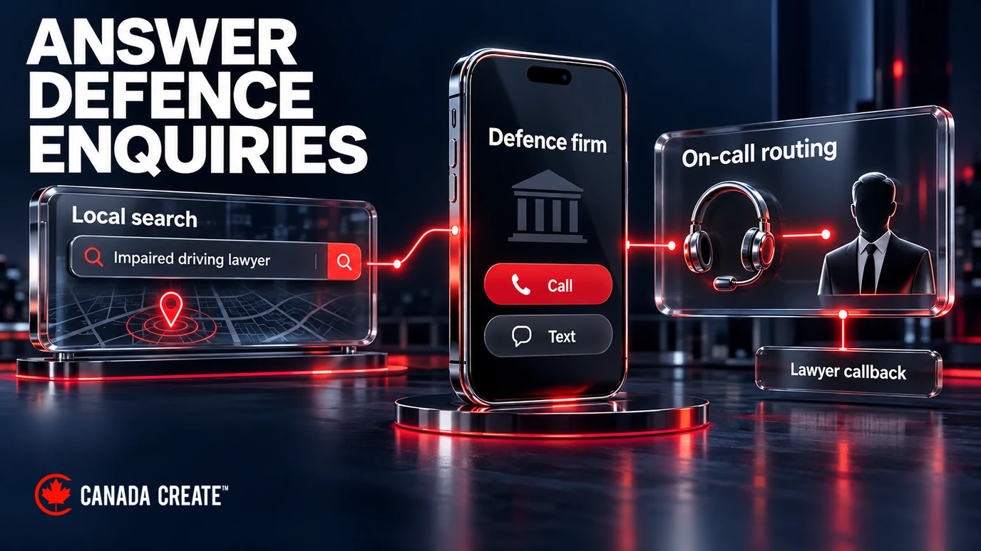 Illustrative defence-firm intake journey from local search to call or text, on-call routing and a lawyer callback.