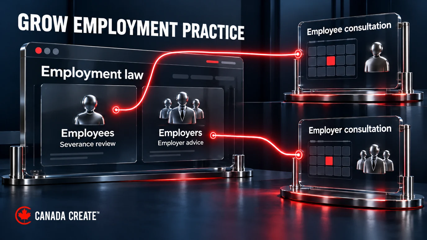 Illustrative employment-law website with separate employee severance-review and employer-advice paths leading to their respective consultations.