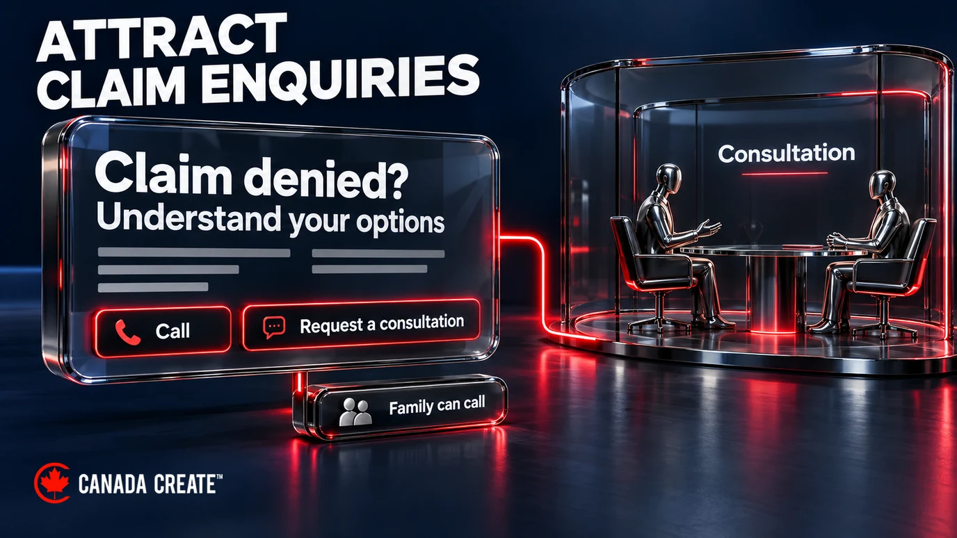 Illustrative claim-law marketing journey from an accessible claim-denial guide to a consultation, with an option for family members to call.