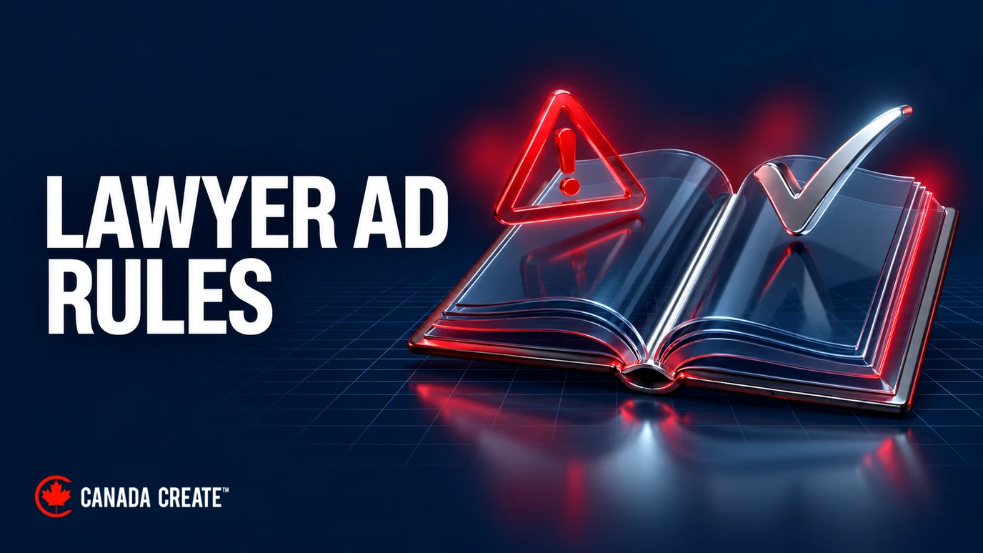 Smoked-glass rules folio with a red warning triangle and chrome checkmark, illustrating lawyer-advertising review.
