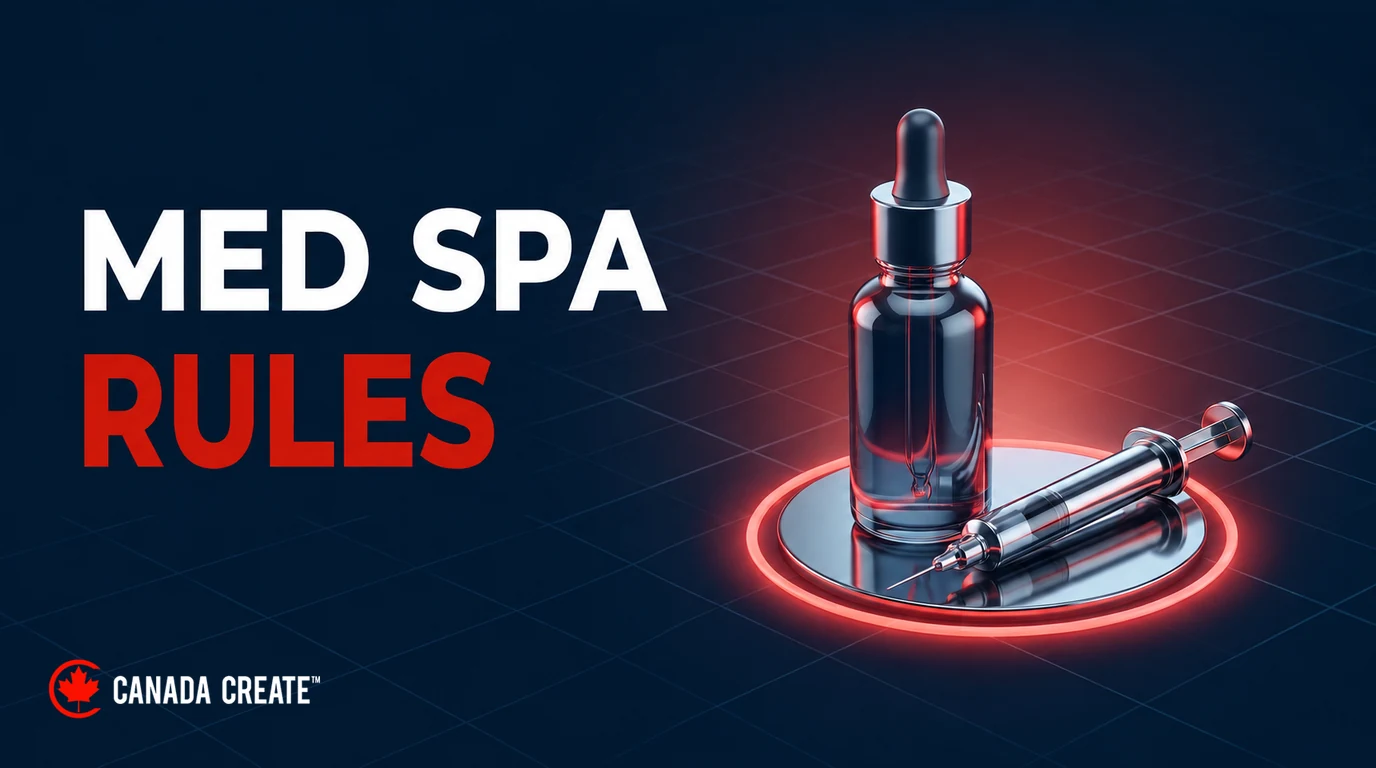 Generic vial and syringe on a chrome tray accompanying a med-spa advertising-rules guide.