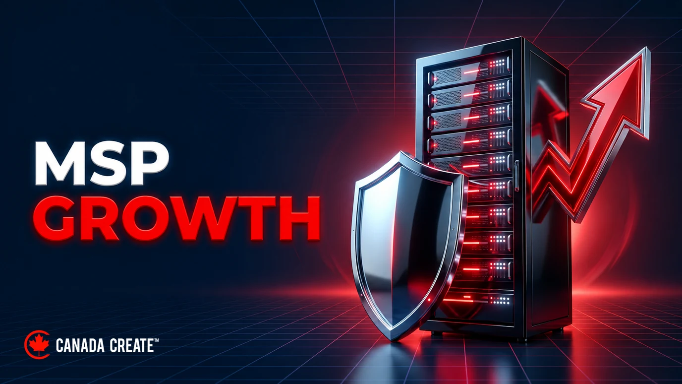 Conceptual managed-service-provider growth illustration with a server rack, chrome shield and red upward arrow.