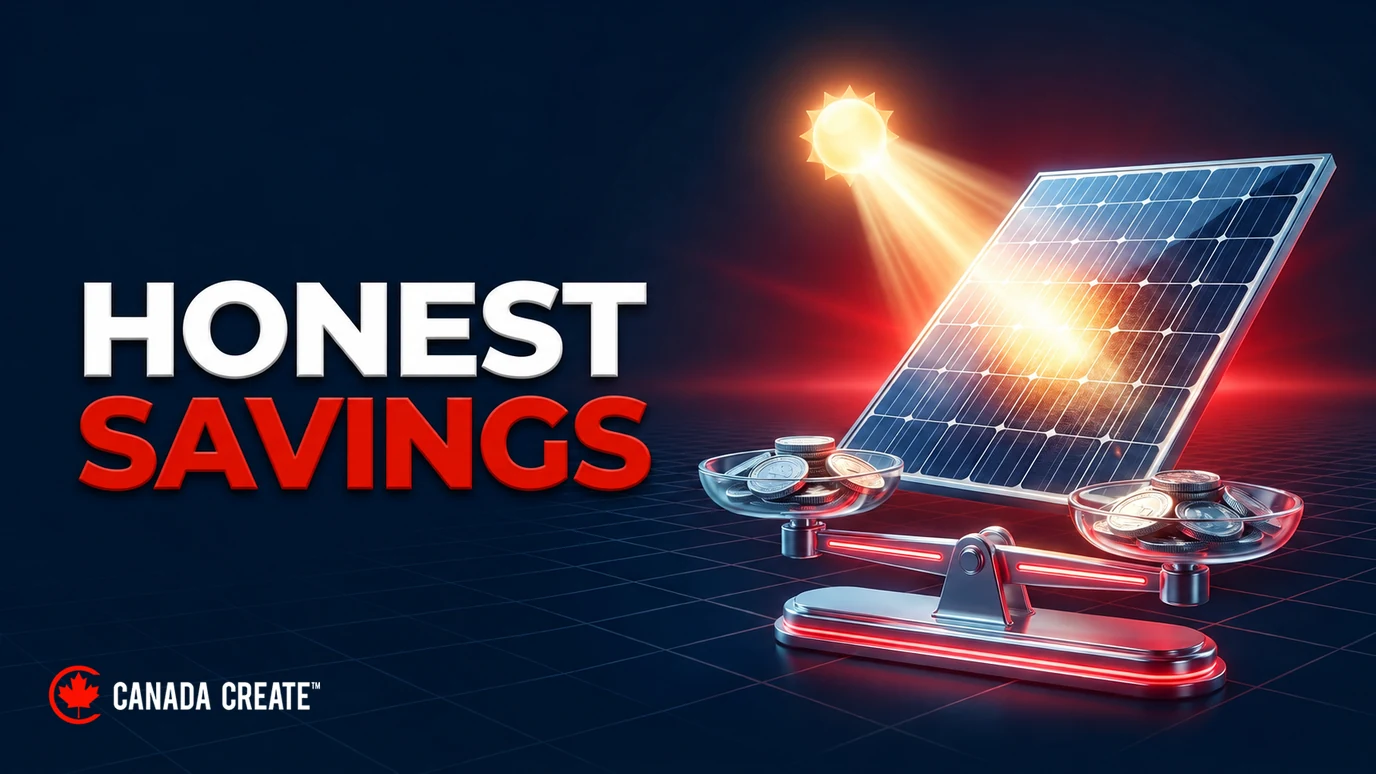 Conceptual solar marketing illustration pairing a panel with a balance scale to emphasize honest savings estimates.