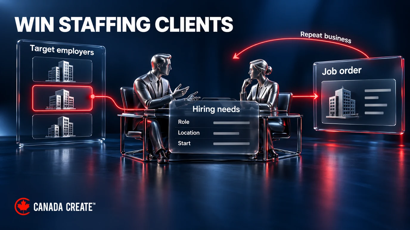 Illustrative staffing-agency client acquisition journey from target employers through a hiring-needs discussion to a job order and repeat business.