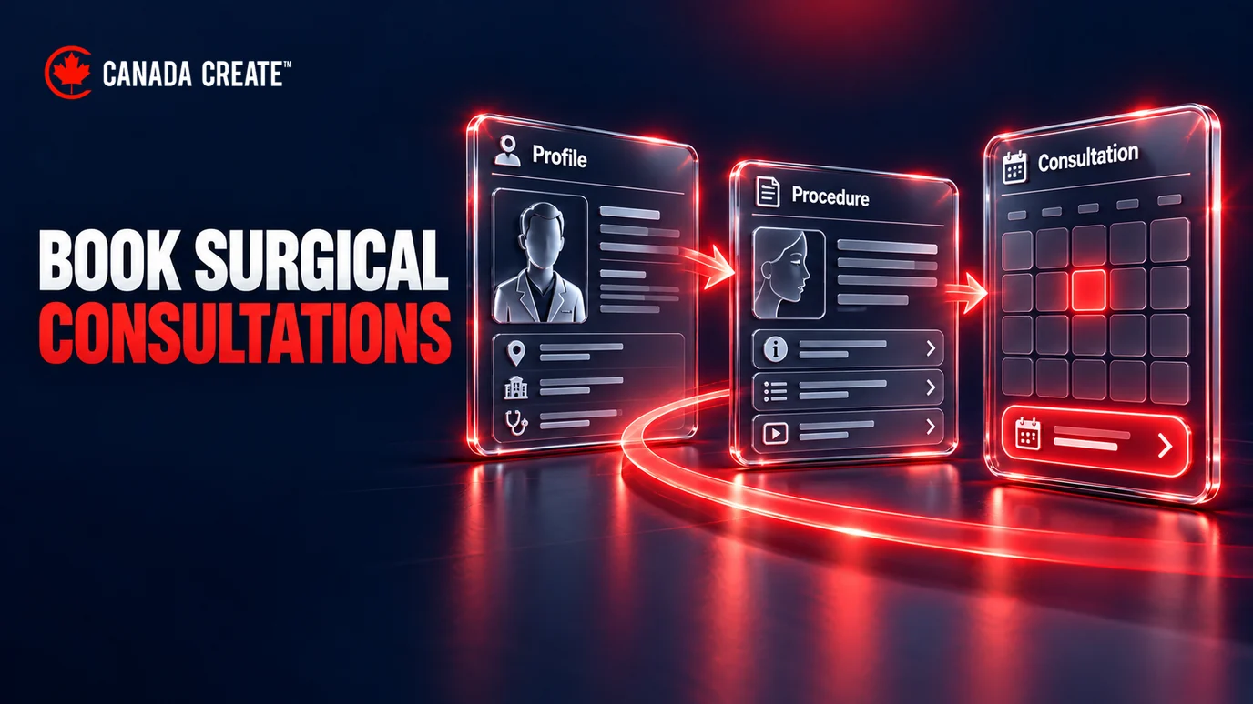 Surgical consultation marketing workflow from clinician profile and procedure information to booking