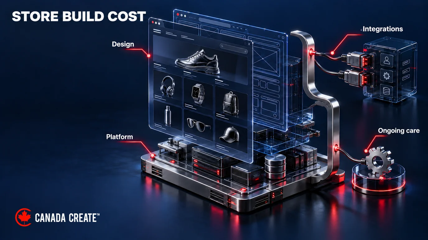Illustrative exploded ecommerce website build showing design, platform, integrations and ongoing care as project cost drivers.