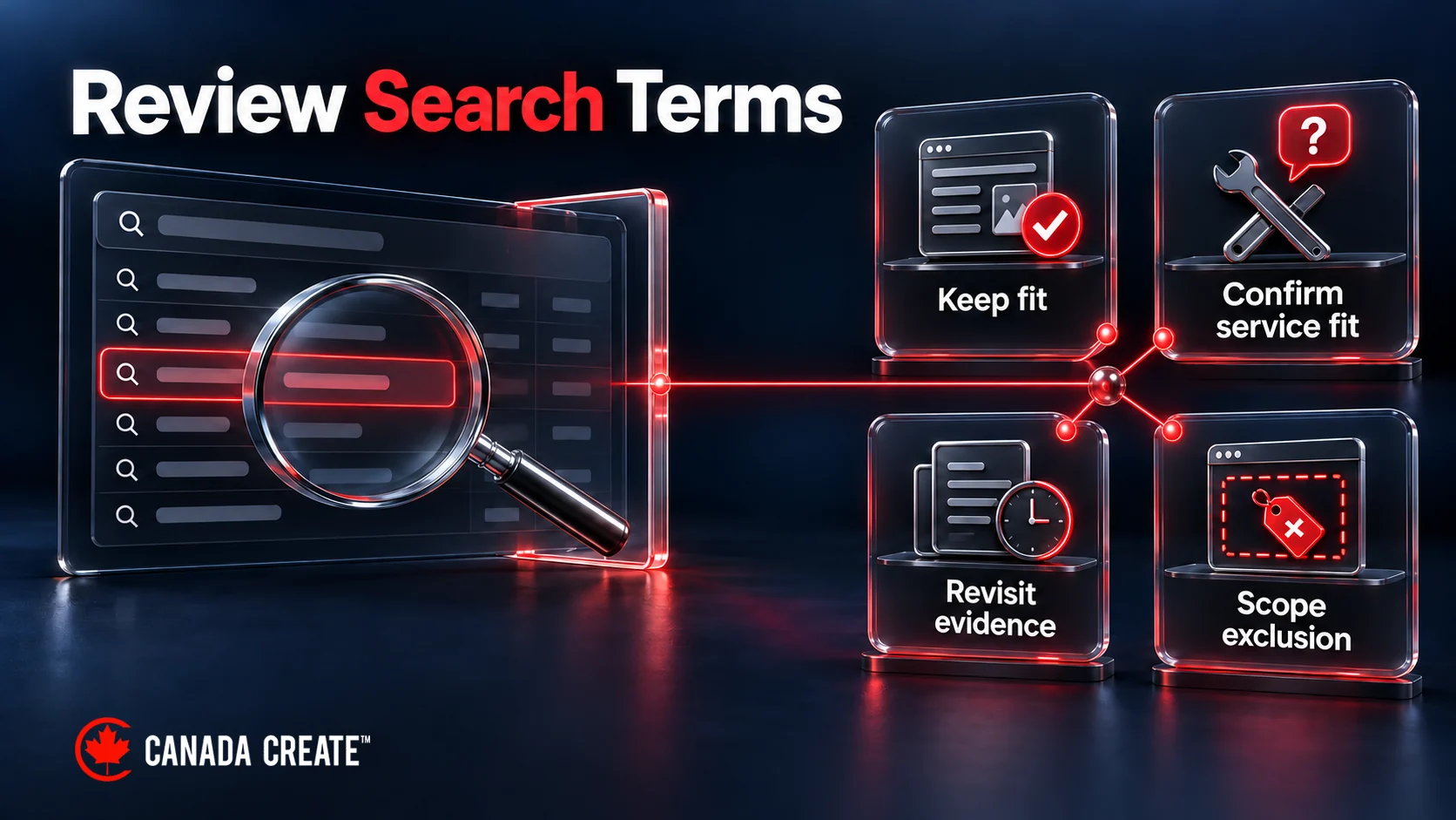 A search-term review branches into keeping relevant demand, asking about service fit, revisiting outcome evidence or proposing a scoped exclusion.