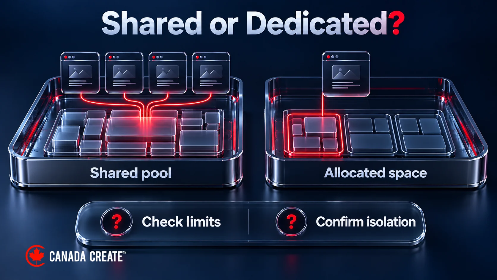 Shared and allocated hosting resources are compared with open questions about capacity limits and isolation.