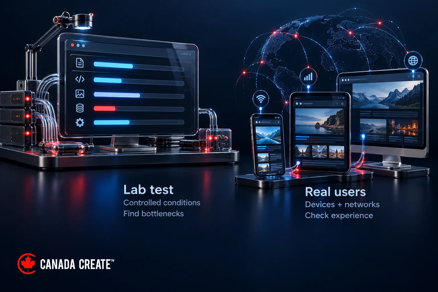 A controlled lab test identifies loading bottlenecks, while real-user measurement checks experience across devices and networks.