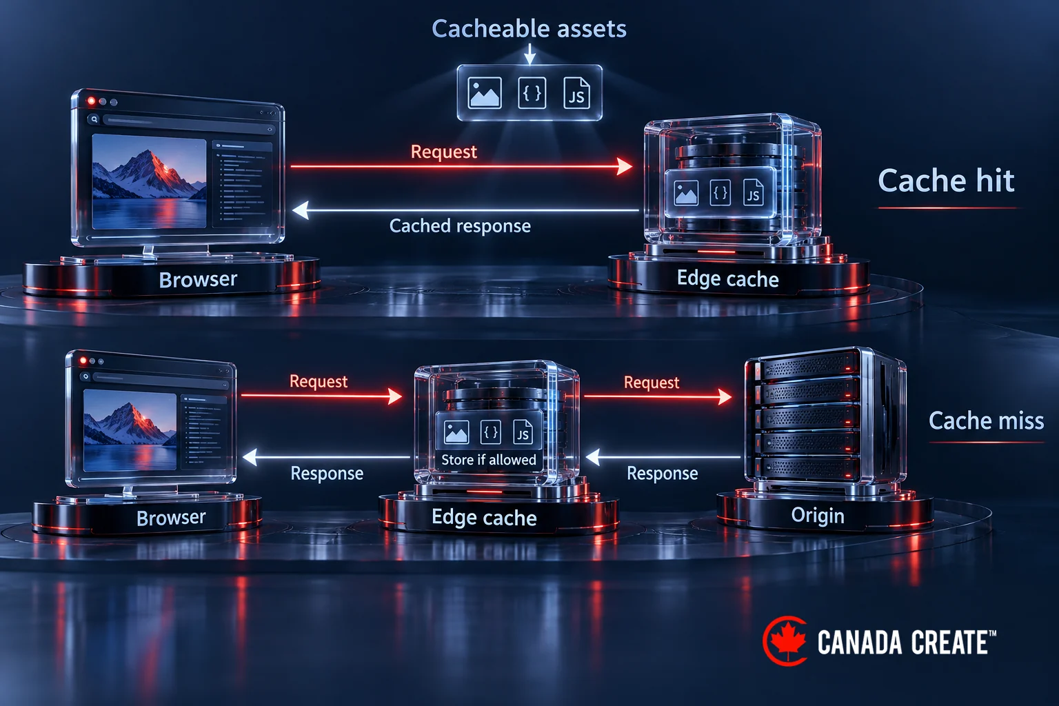 For cacheable assets, a CDN hit returns a response from the edge cache to the browser. A miss fetches the asset from the origin and can store the eligible response.