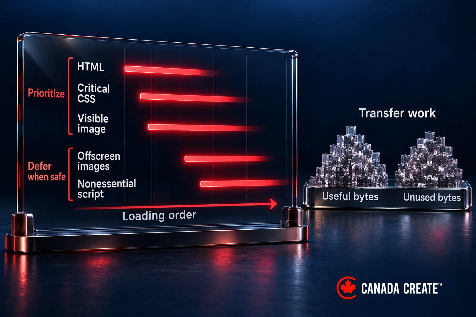 Overlapping resource-loading bars prioritize HTML, critical CSS and a visible image, defer safe nonessential work, and separately distinguish useful from unused transfer bytes.
