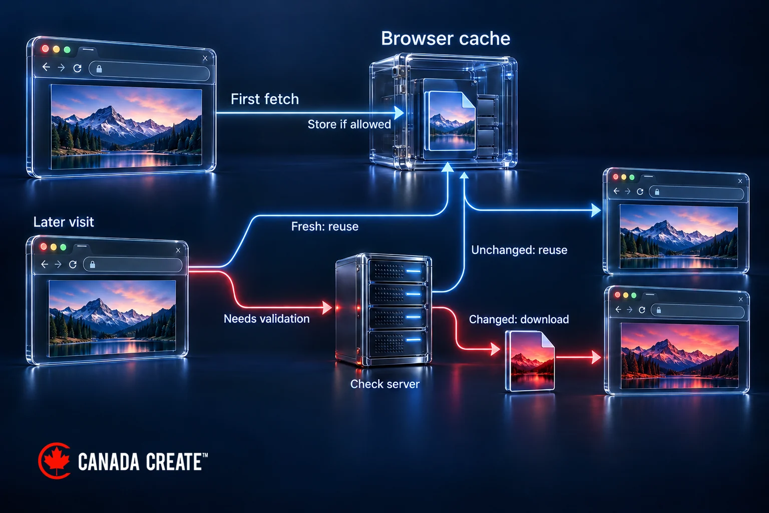 An eligible response enters the browser cache. A later visit can reuse a fresh response or validate it, then reuse unchanged local bytes or download changed content.