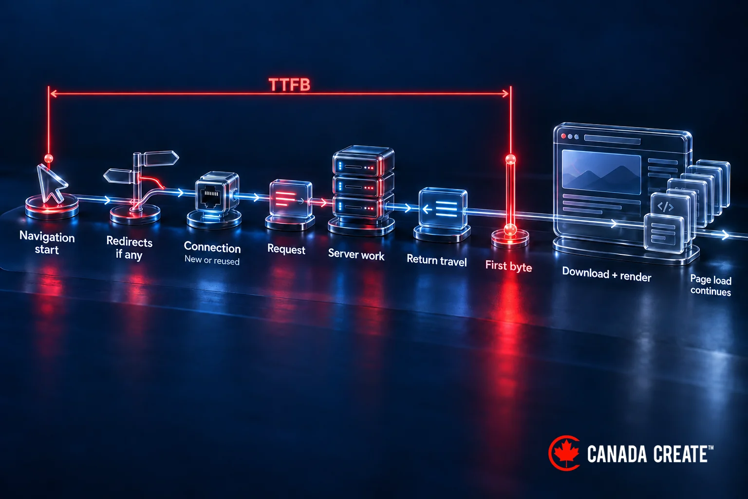TTFB spans navigation start, any redirects, a new or reused connection, request travel, server work and return travel until the first response byte arrives. Downloading and rendering continue afterward.