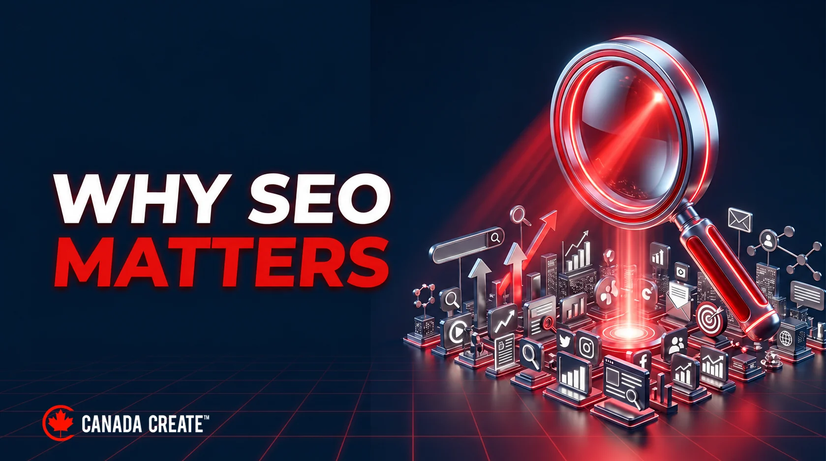 A search magnifier illuminates a collection of digital-marketing symbols, illustrating SEO’s role within the wider marketing mix.
