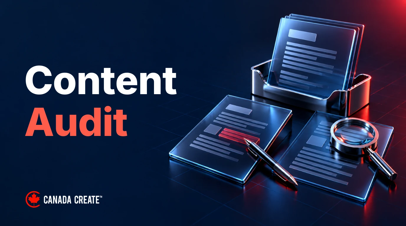 Content Audit: glass article pages with an editing pen and magnifying glass illustrate keeping, updating and investigating content.