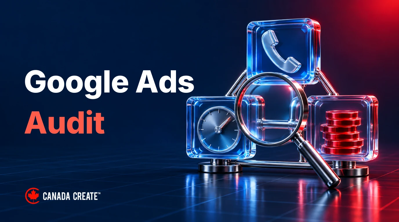 Google Ads Audit: a chrome lens examines connected glass telephone, measurement dial and budget modules.