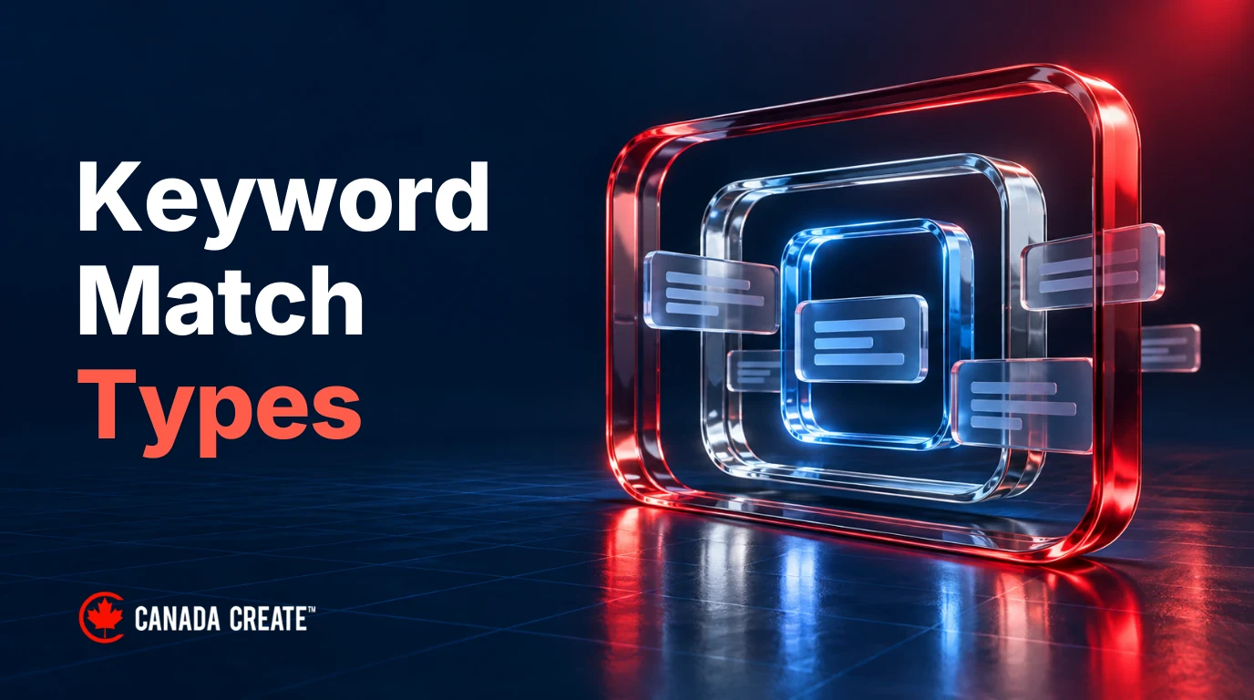 Keyword Match Types: nested blue, chrome and red glass frames illustrate overlapping search reach.