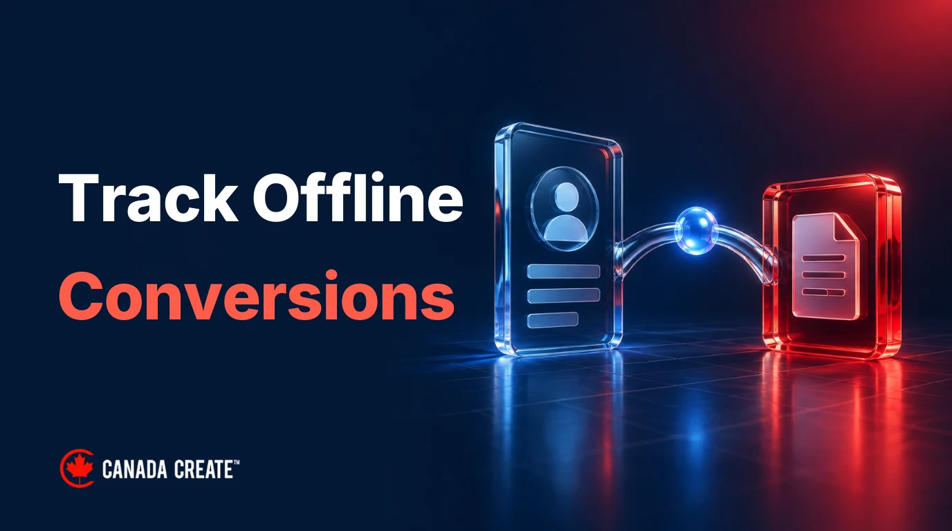 Track Offline Conversions: a glass customer record connects by a chrome bridge to a red business-outcome document.