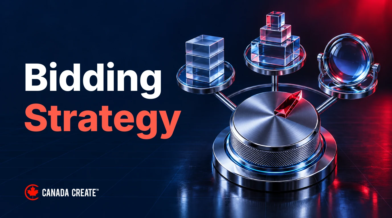 Bidding Strategy: a precision selector sits below glass modules representing conversion count, value and visibility.