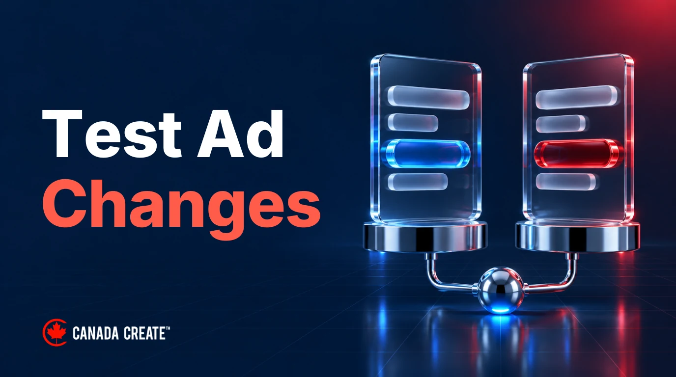 Test Ad Changes: two matching glass ad panels differ in one blue or red control element.