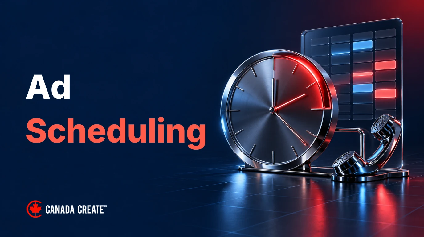 Ad Scheduling: a chrome clock, glass time grid and telephone receiver connect ad hours to response availability.