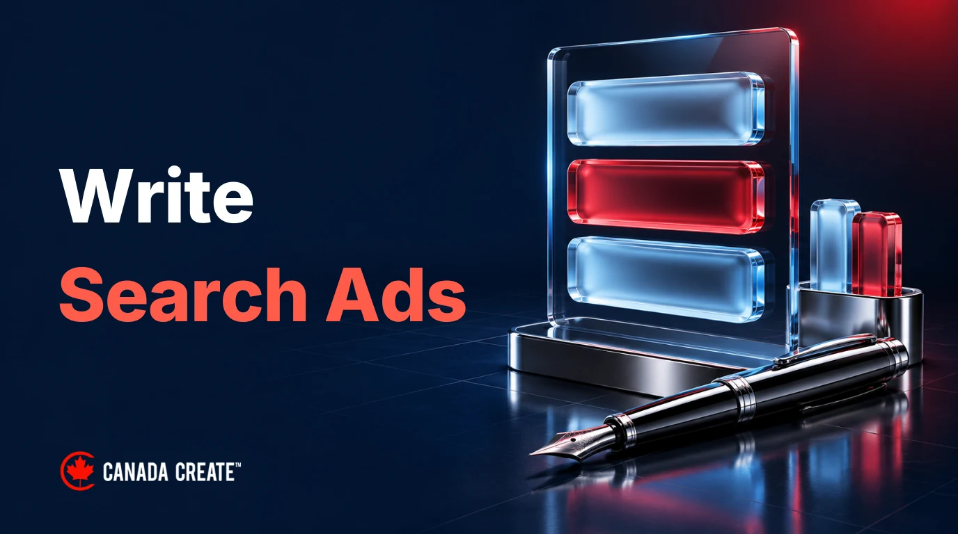 Write Search Ads: a chrome pen sits beside glass copy modules arranged into a coherent ad panel.