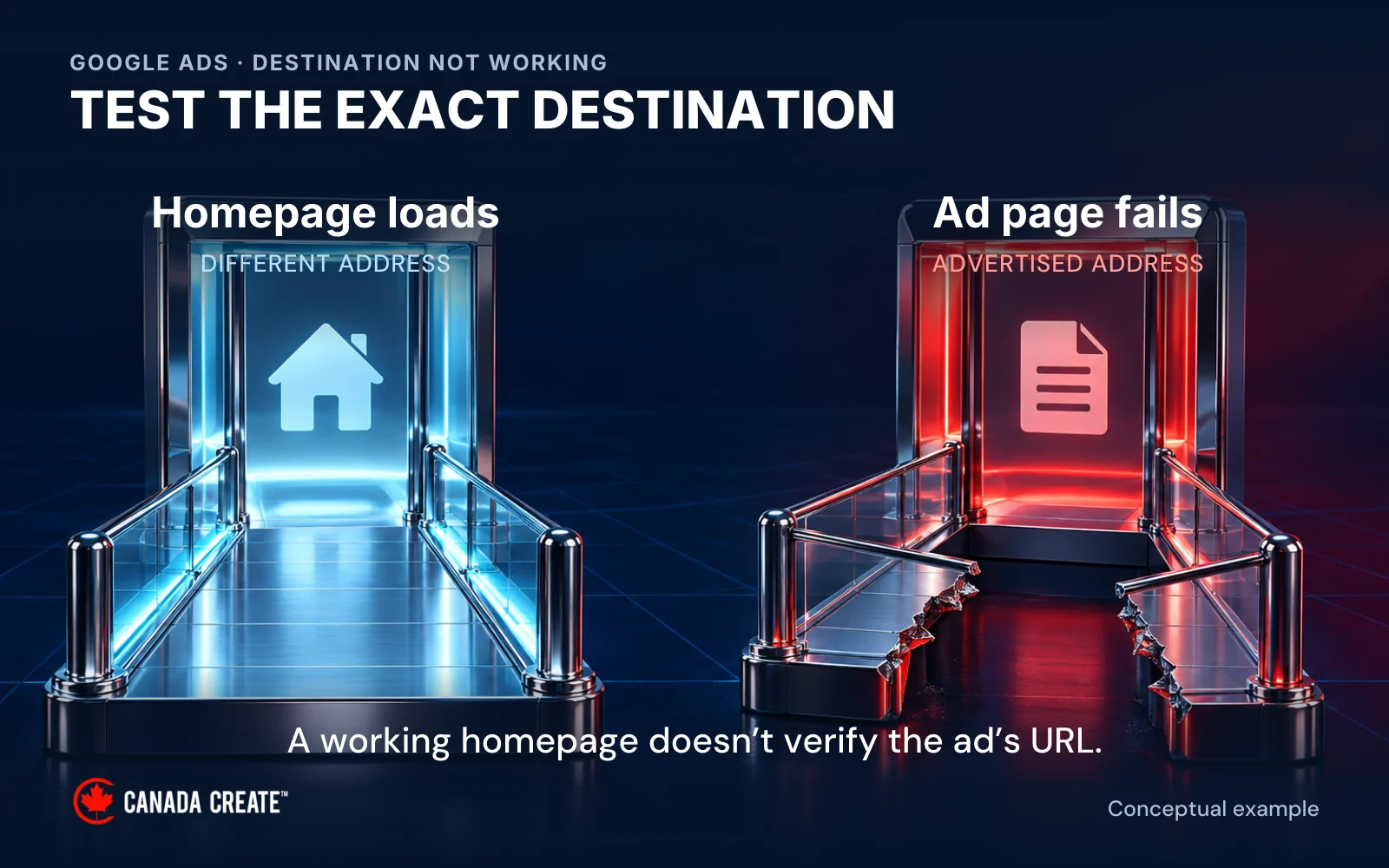Chrome-and-glass paths show a working homepage beside a broken route to the advertised page. A working homepage does not verify the ad’s URL.