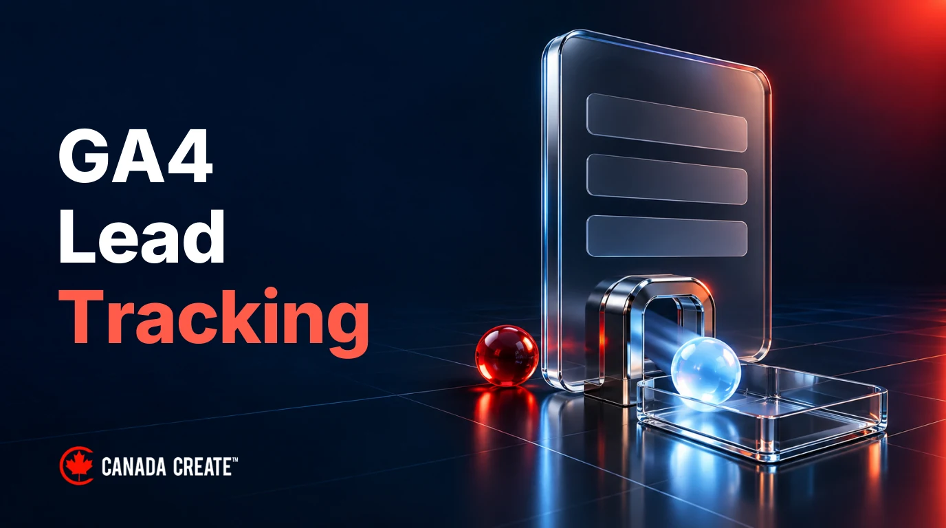 GA4 Lead Tracking: a glass form feeds one blue event through a chrome gate while a red attempt remains outside.