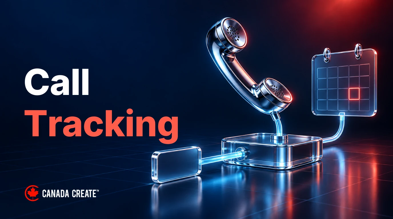 Call Tracking: a chrome telephone handset connects a glass source label to an abstract appointment panel.
