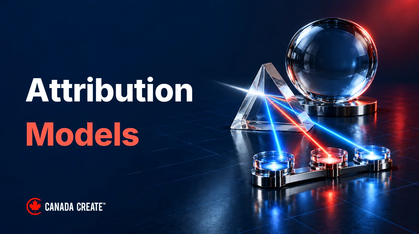 Attribution Models: a glass prism divides one light source across three touchpoints beneath a single outcome sphere.