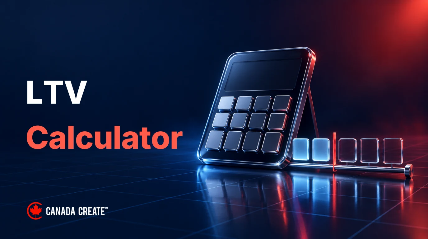 LTV Calculator: a glass calculator sits beside a finite timeline of solid observed periods and outlined future periods separated by a red marker.