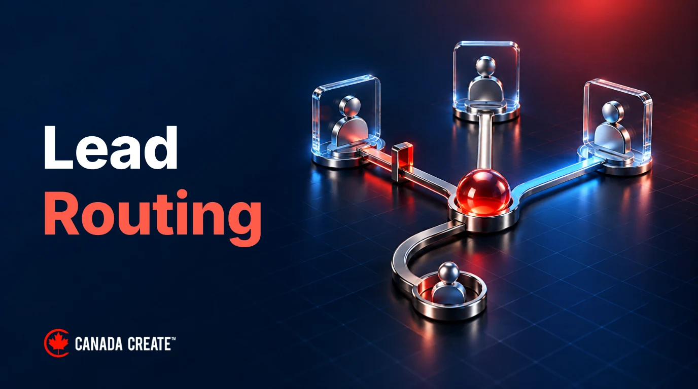 Lead Routing: a red enquiry token enters chrome tracks leading to glass owner tiles, with a pause gate and review cradle.