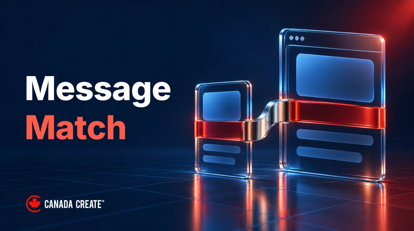 Message Match: a continuous red glass ribbon and chrome bridge link matching offer blocks on an ad card and a browser page.