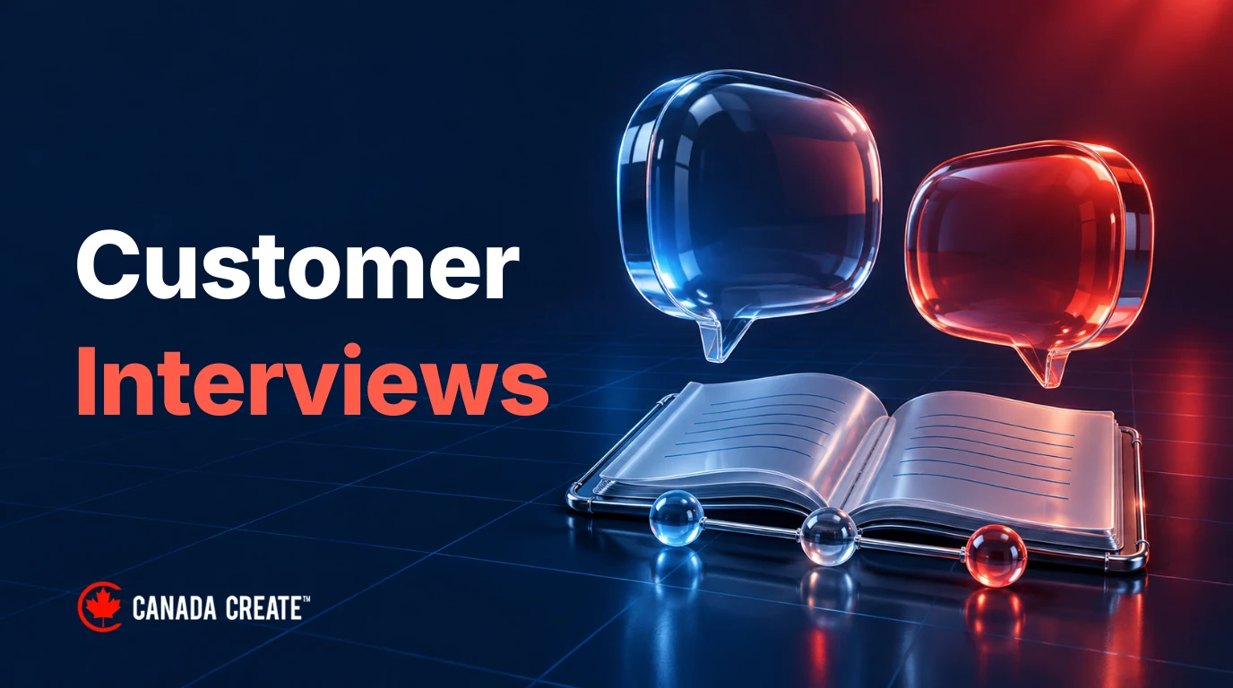 Customer Interviews: facing blue and red glass conversation bubbles sit over a chrome notebook and three connected episode markers.
