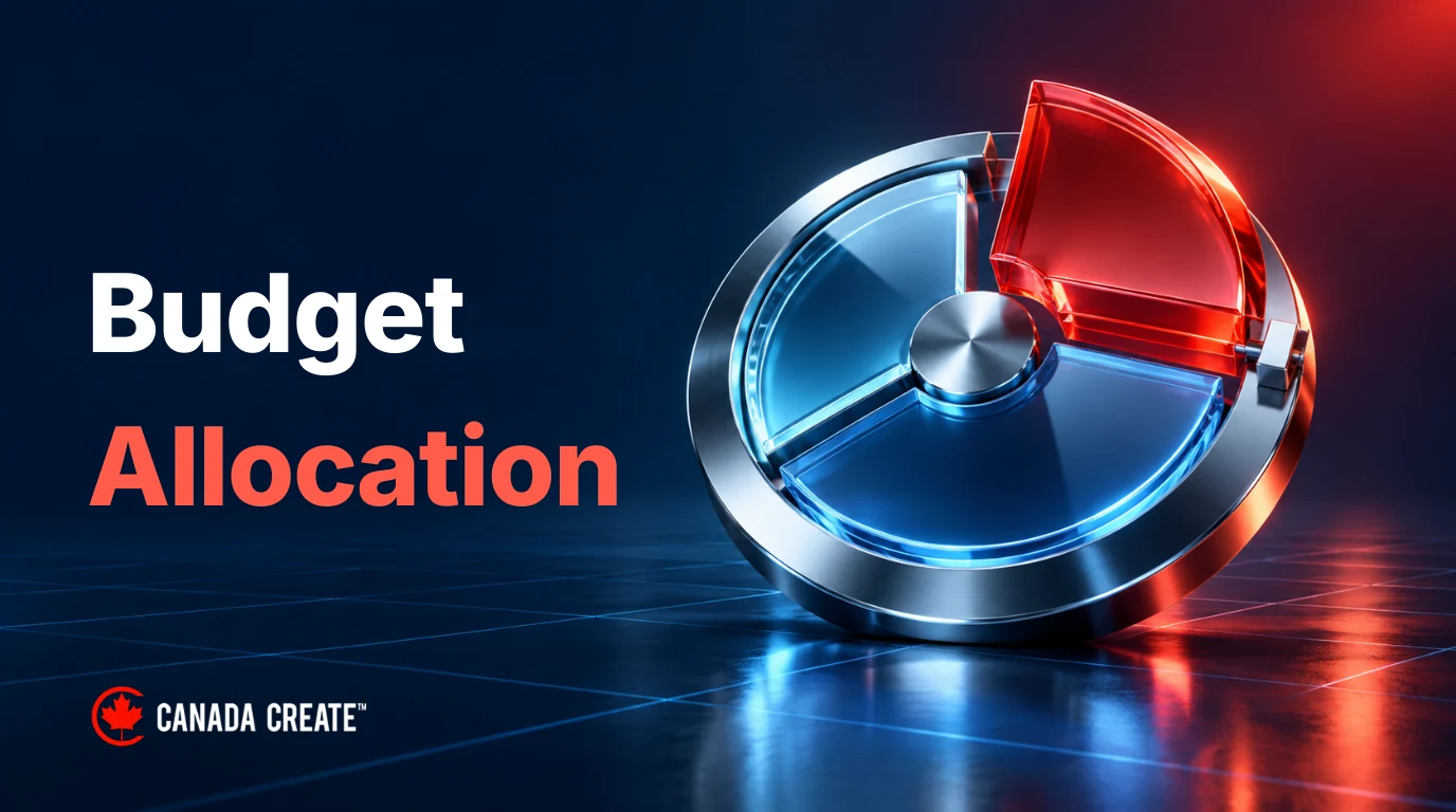 Budget Allocation: a red glass sector lifts from a fixed chrome allocation ring beside two blue sectors, illustrating trade-offs within one budget.