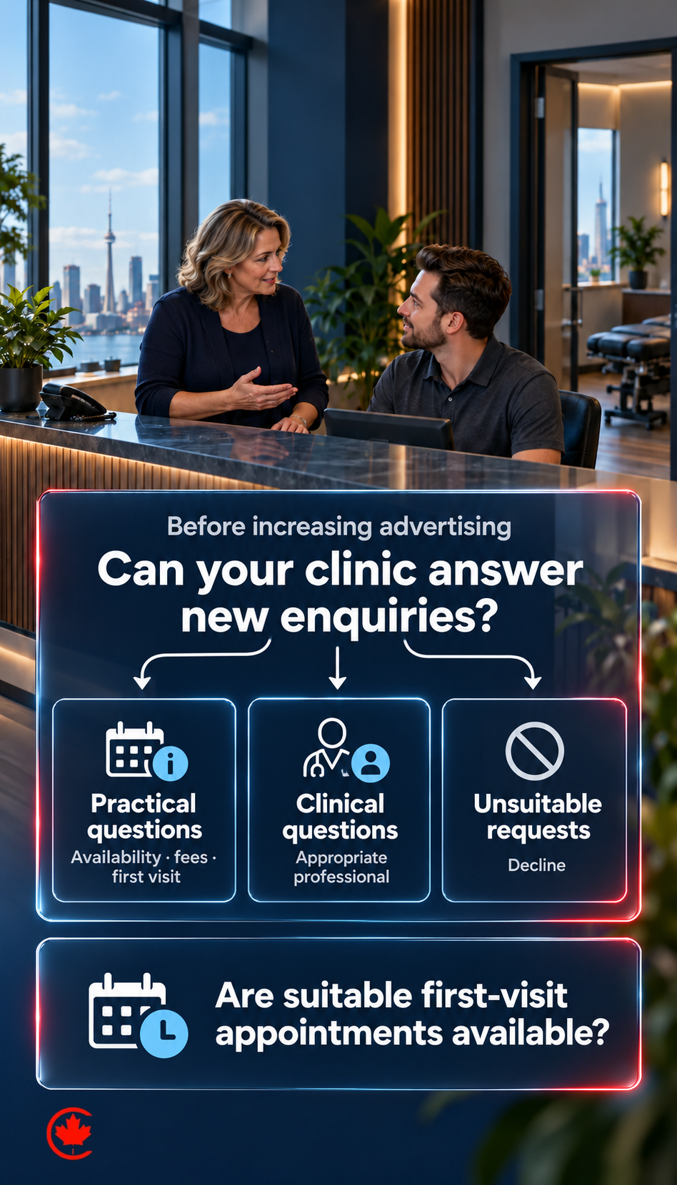 A chiropractic clinic owner and reception lead consider two questions before increasing advertising: can the clinic answer new enquiries, and are suitable first-visit appointments available?