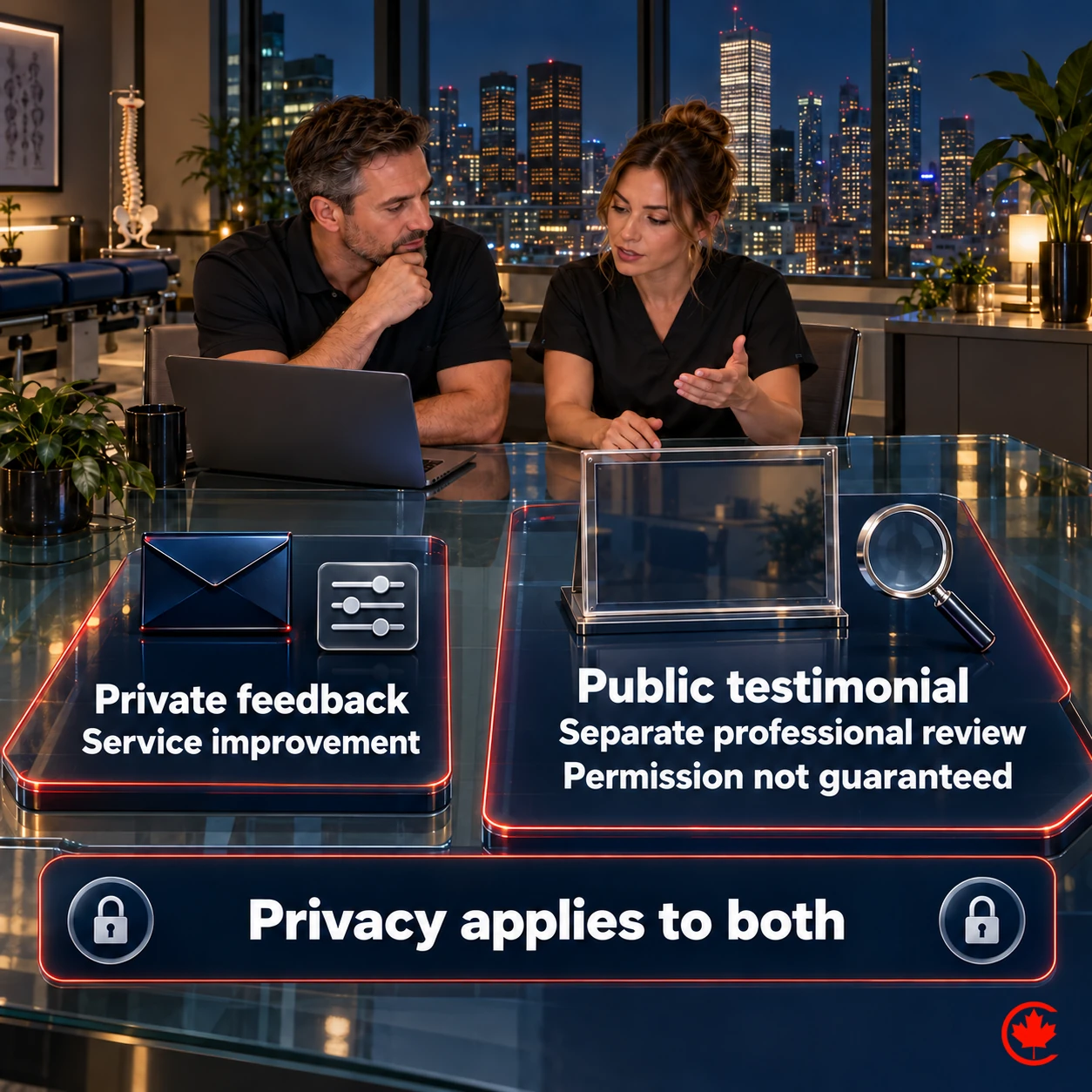 Separate private-feedback and public-testimonial tracks distinguish service improvement from public use that needs professional review but is not automatically permitted; privacy applies to both.
