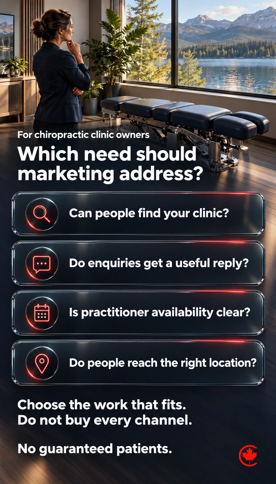Four questions help chiropractic clinic owners choose a marketing need: finding the clinic, getting a useful enquiry reply, understanding practitioner availability and reaching the right location. No patient results are guaranteed.