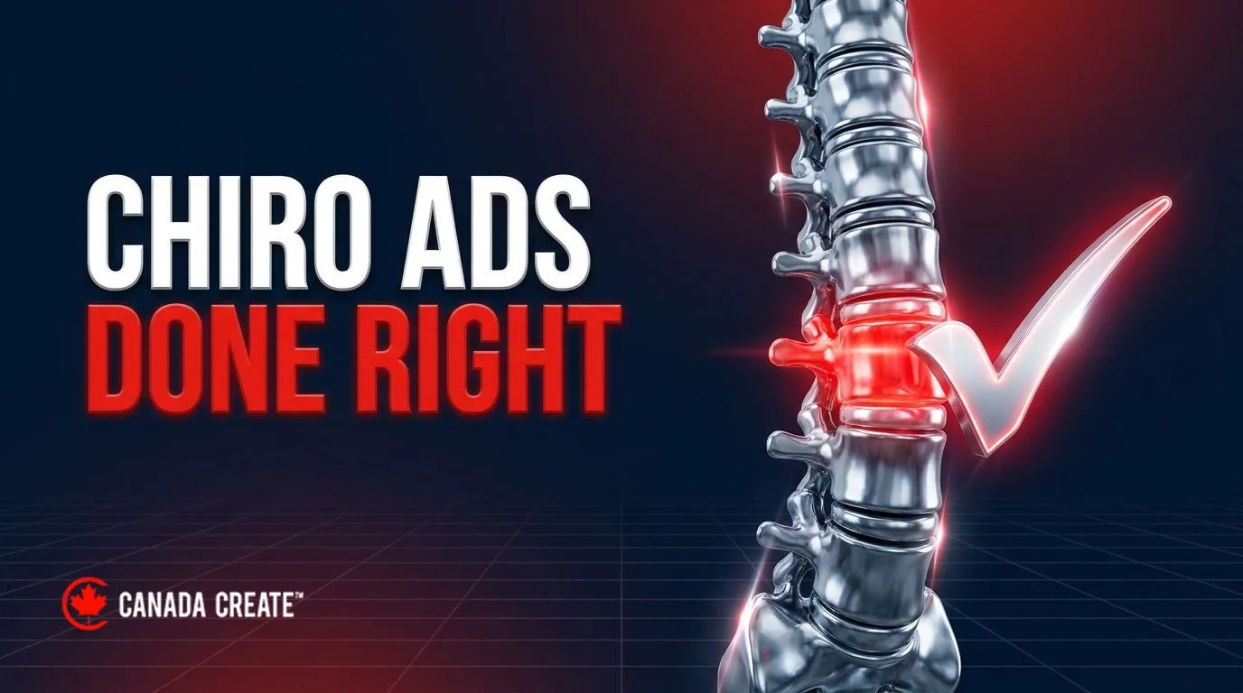 Chiro ads done right: a chrome spine model with one vertebra glowing red beside a silver checkmark of light