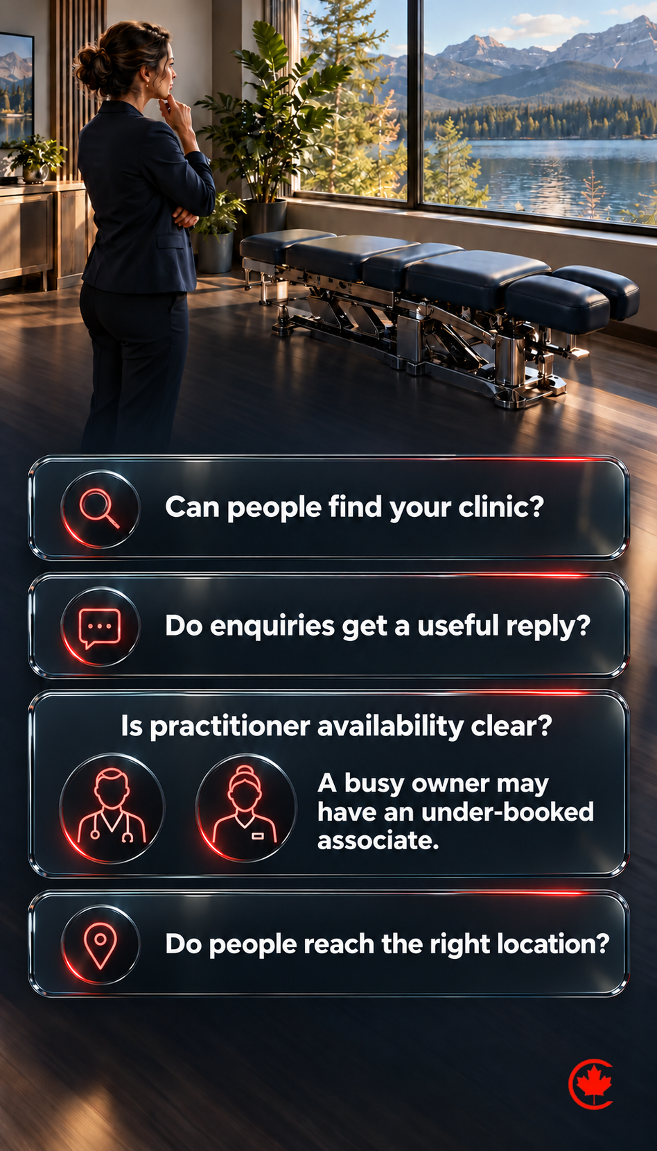 Four questions help chiropractic clinic owners choose a marketing need: finding the clinic, getting a useful enquiry reply, understanding practitioner availability and reaching the right location. No patient results are guaranteed.