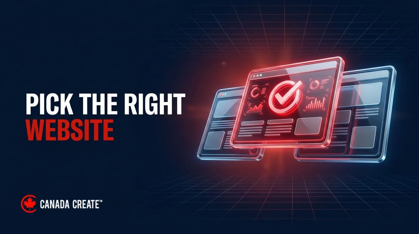 Pick the right website: three website layout cards with the chosen one glowing red