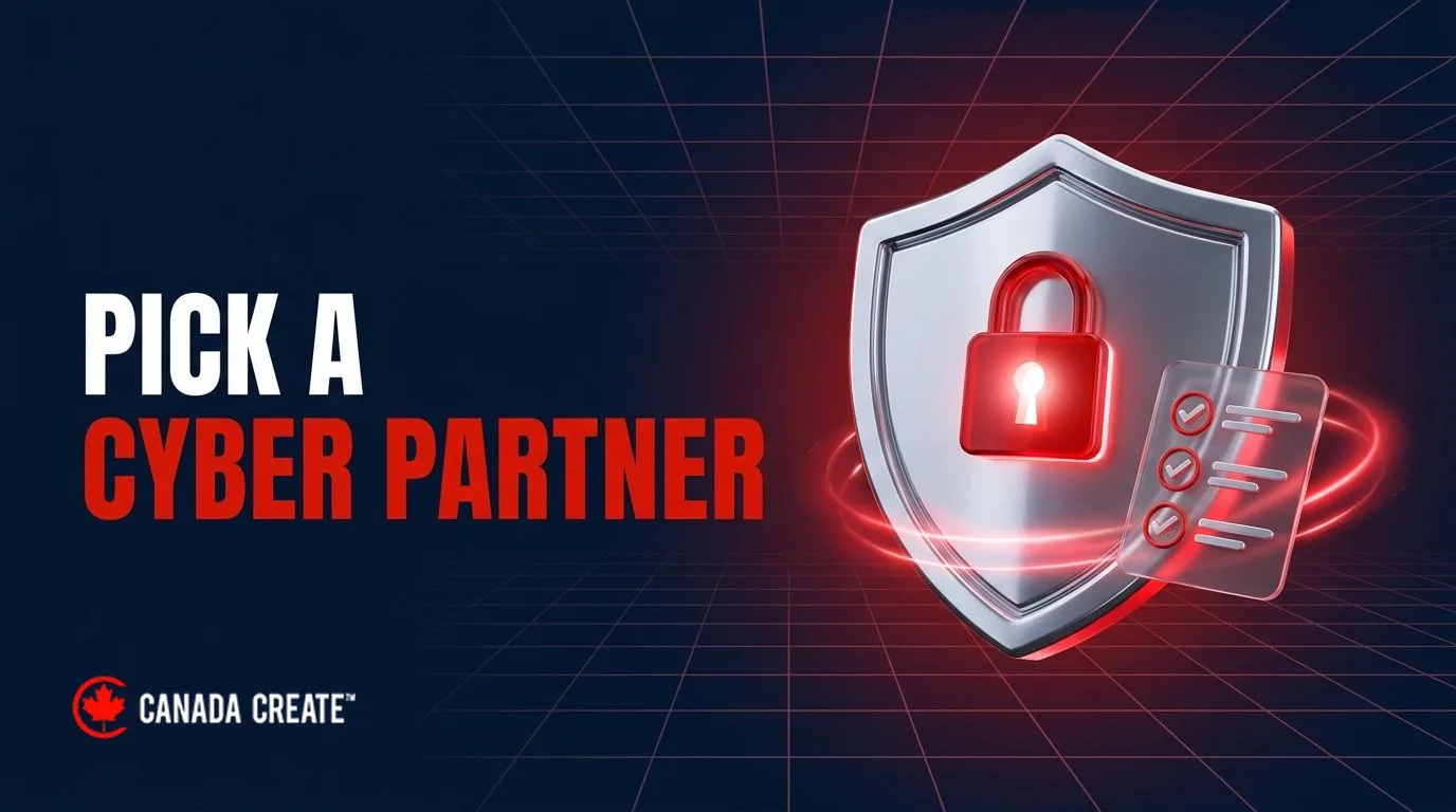 Pick a cyber partner: a silver shield with a red padlock beside a checklist with red checkmarks