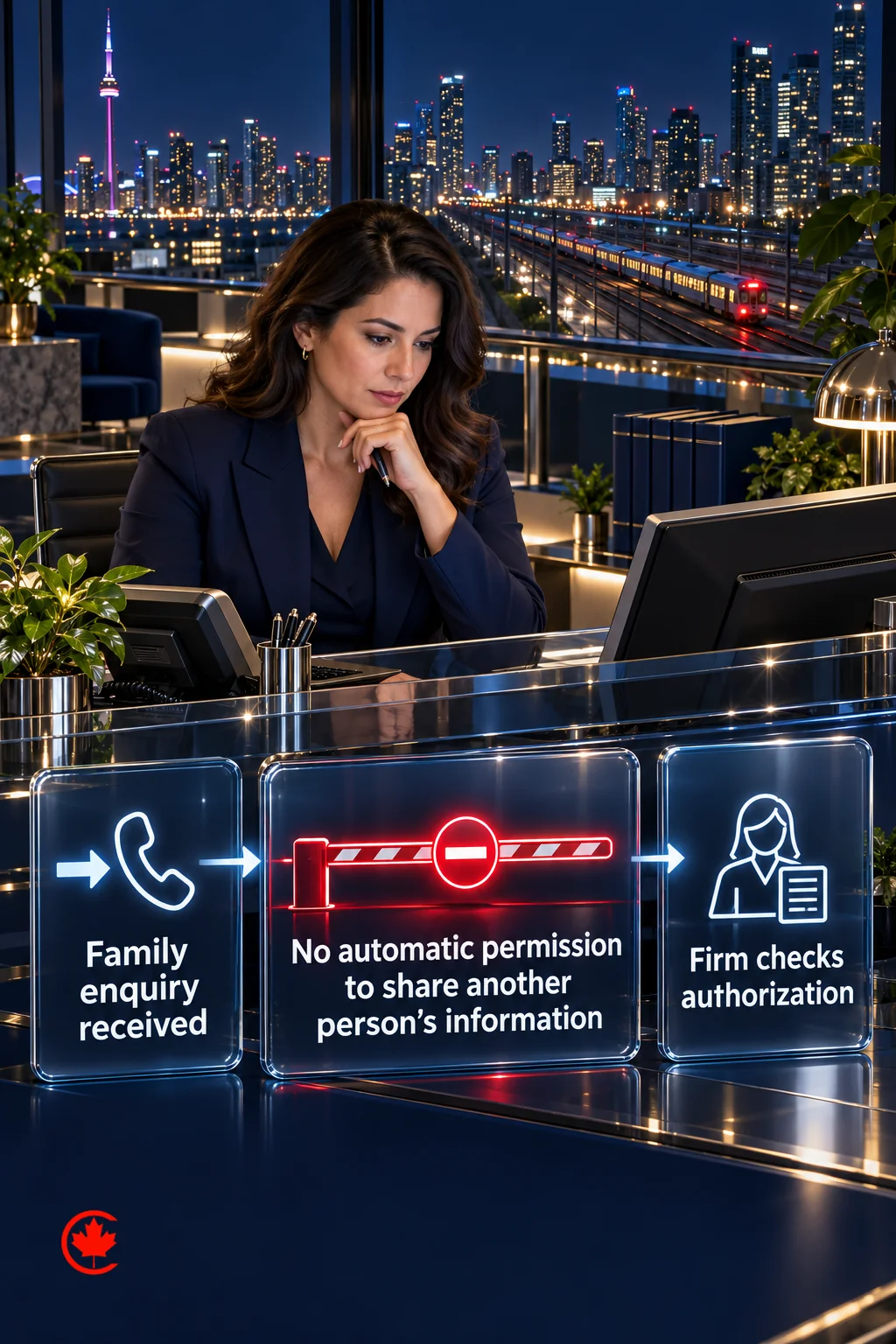 Glass panels distinguish a family enquiry received from permission to disclose, with a separate step for the firm to check authority before sharing information.