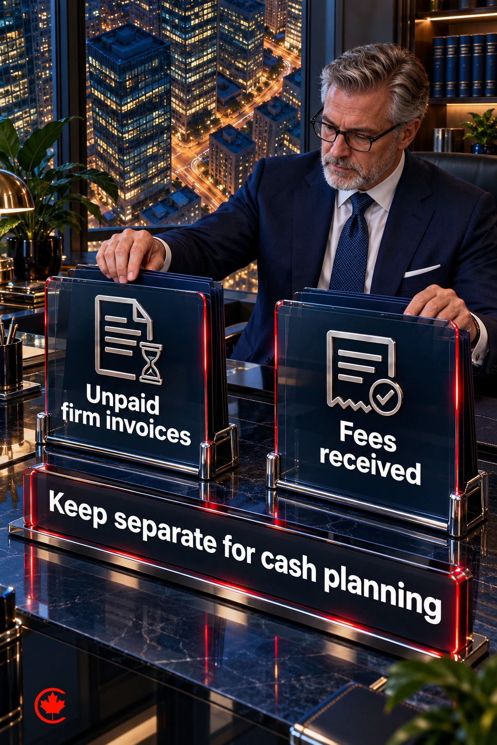 Two glass folders separate unpaid law-firm invoices from fees received, with a reminder to keep them separate for cash planning.