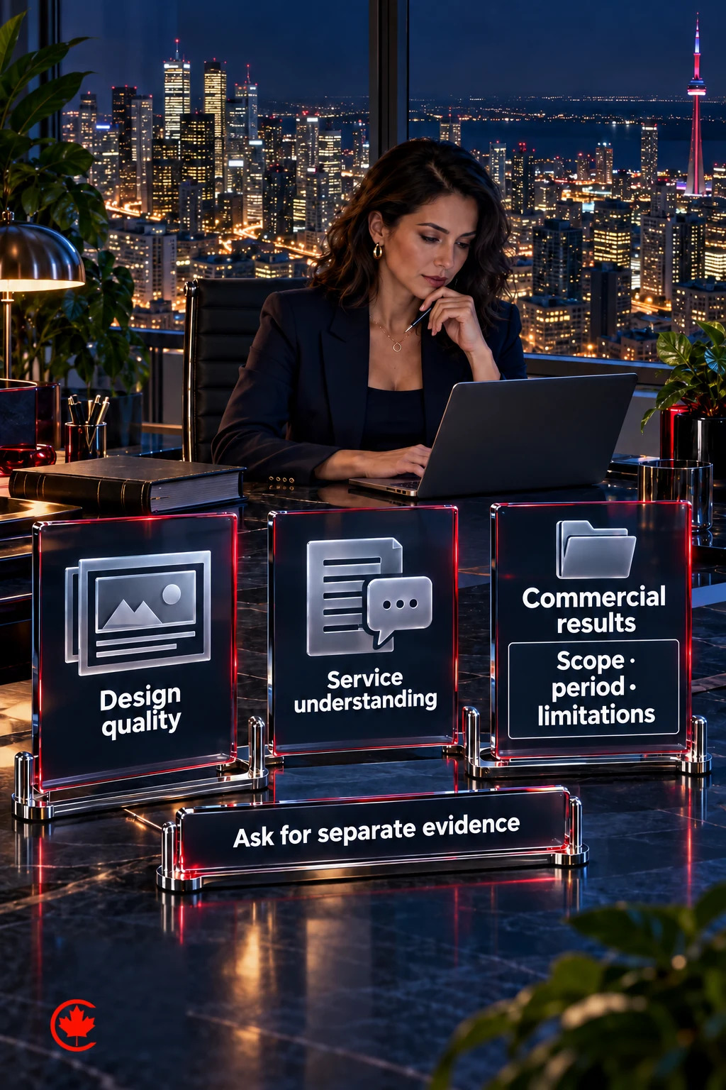 Three separate marketing-supplier evidence checks cover design quality, service understanding and commercial results, with scope, period and limitations attached to the results check.