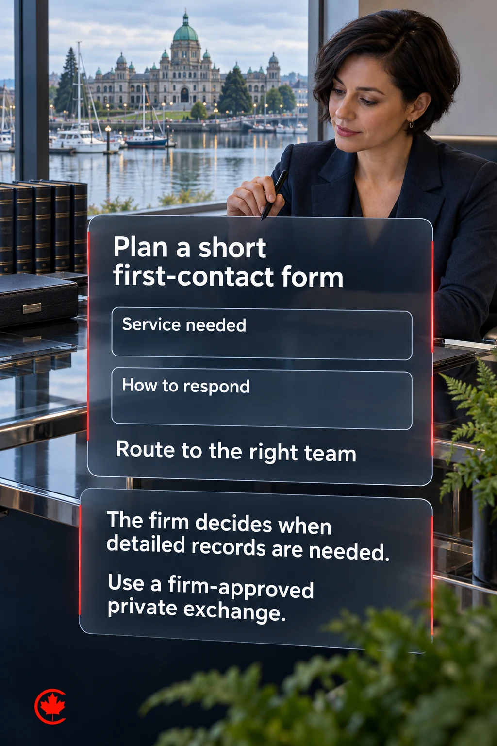 A short first-contact form identifies the service needed and how to respond, then routes the enquiry to the right team. The firm decides when detailed records are needed. Any detailed records use a firm-approved private exchange.