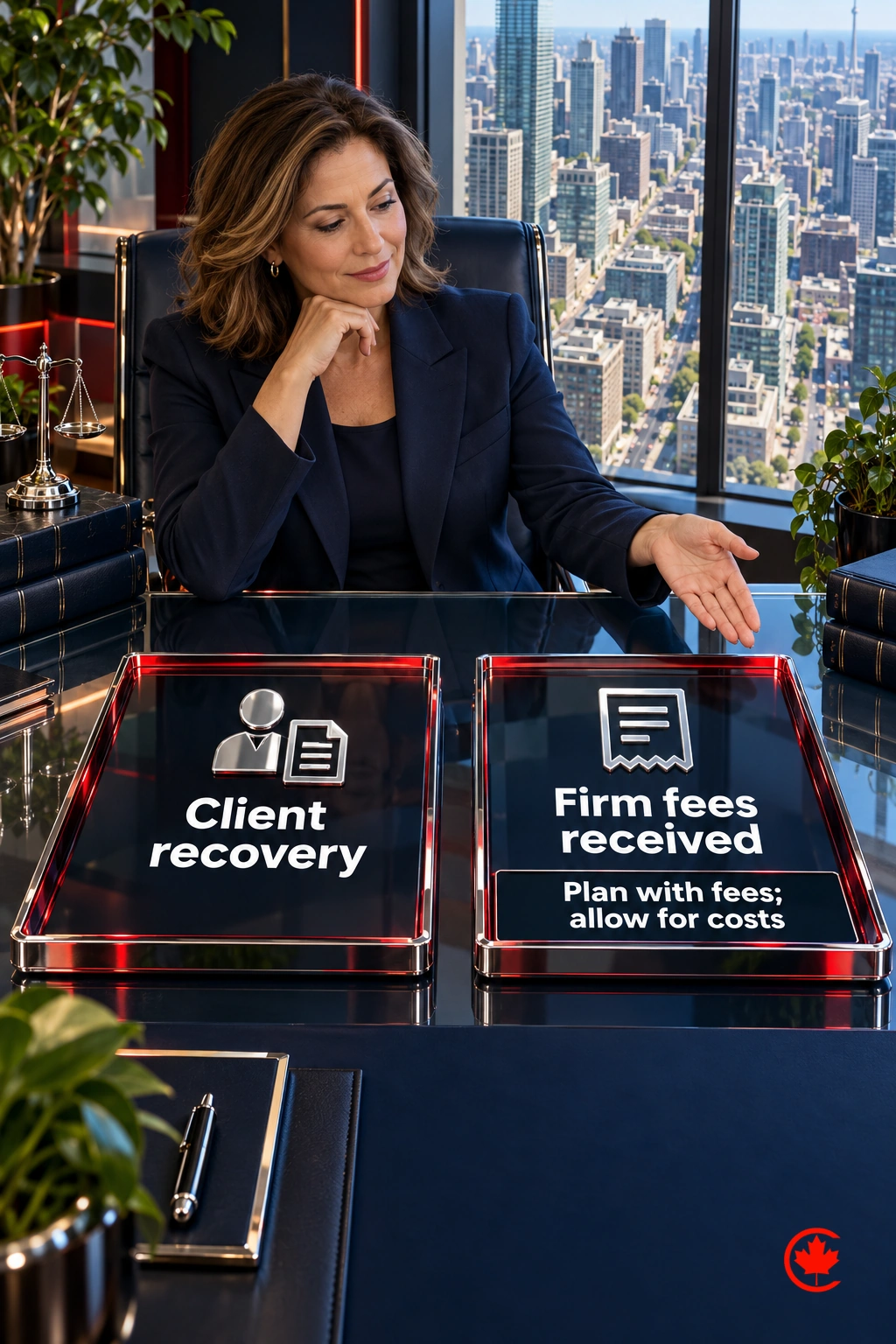 Separate glass trays distinguish a client’s recovery from fees received by the law firm, with an instruction to plan using firm fees and allow for costs.