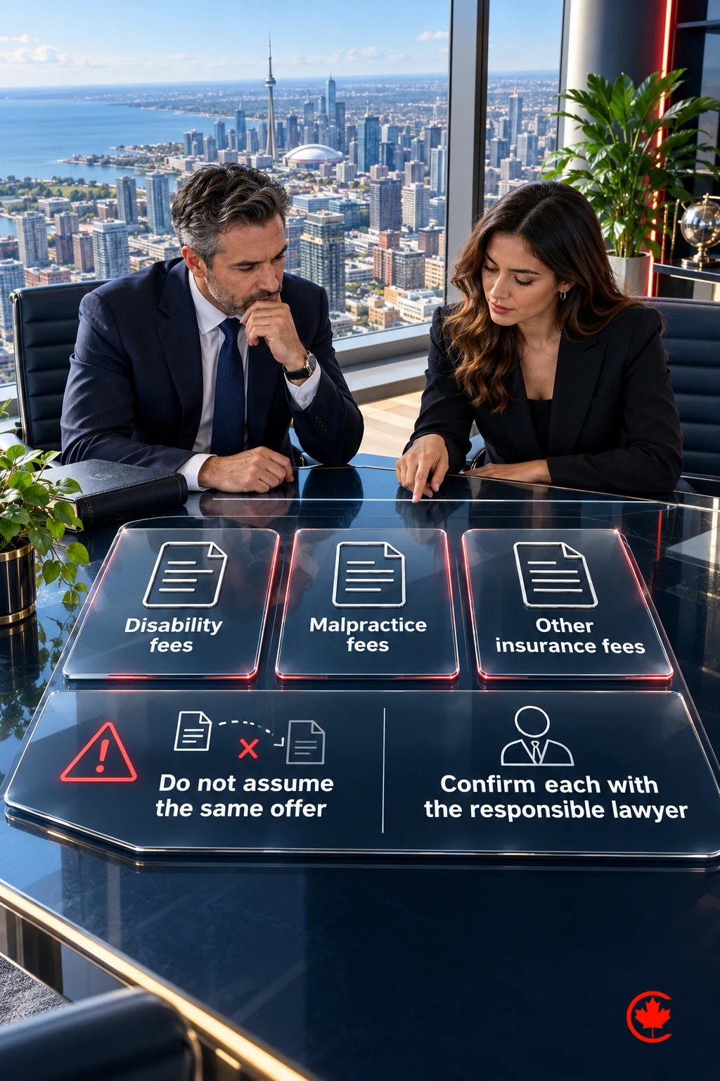 Separate disability, malpractice and other insurance fee checks warn against assuming the same offer and direct the practice to confirm each with the responsible lawyer.