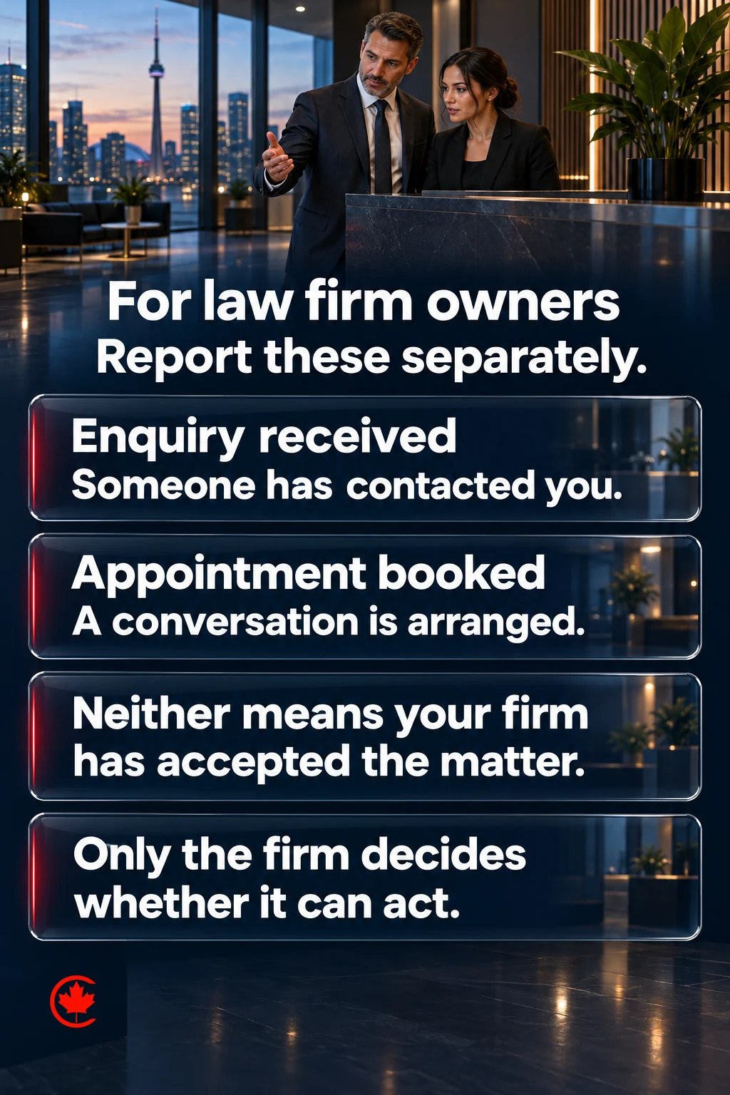 Glass rows distinguish an enquiry received from an appointment booked, with a reminder to law-firm owners that neither means the matter is accepted and only the firm decides whether it can act.